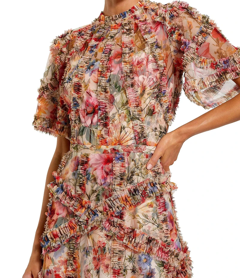 Mac Duggal Floral Print Ruffle Embellished Short Flutter Sleeve Crew Neck Midi Dress