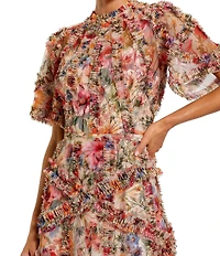 Mac Duggal Floral Print Ruffle Embellished Short Flutter Sleeve Crew Neck Midi Dress