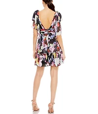 Mac Duggal Floral Print Ruffled V-Neck Sleeveless Tie Dress