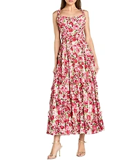 Mac Duggal Floral Print Scoop Neck Sleeveless Micro Ruffle A-Line Gown