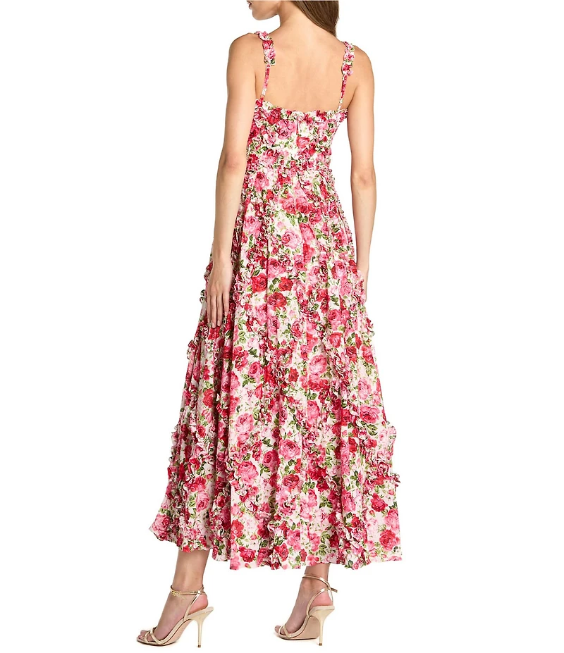 Mac Duggal Floral Print Scoop Neck Sleeveless Micro Ruffle A-Line Gown