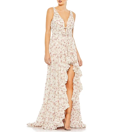 Mac Duggal Floral Print Sleeveless Ruffle Tiered High-Low Plunging V-Neck Gown