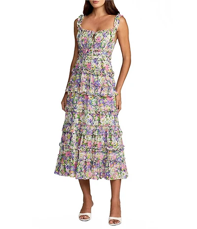 Mac Duggal Floral Print Sleeveless Tie Closure Square Neck A-Line Ruffle Midi Dress