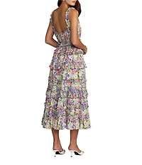 Mac Duggal Floral Print Sleeveless Tie Closure Square Neck A-Line Ruffle Midi Dress