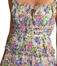 Mac Duggal Floral Print Sleeveless Tie Closure Square Neck A-Line Ruffle Midi Dress