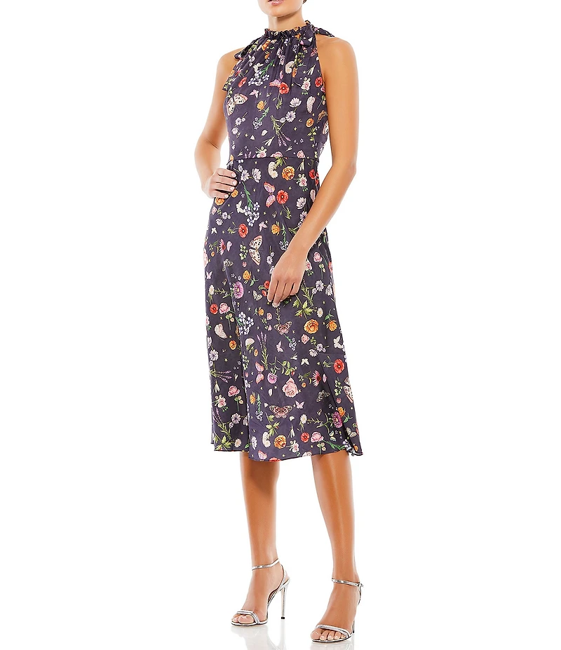 Mac Duggal Floral Print Sleeveless Tie Halter Neck Sheath Midi Dress