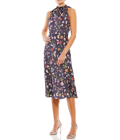 Mac Duggal Floral Print Sleeveless Tie Halter Neck Sheath Midi Dress