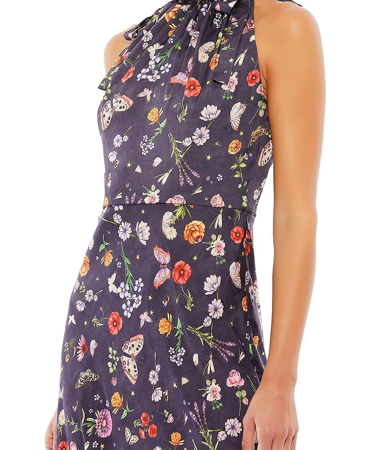 Mac Duggal Floral Print Sleeveless Tie Halter Neck Sheath Midi Dress
