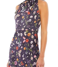 Mac Duggal Floral Print Sleeveless Tie Halter Neck Sheath Midi Dress