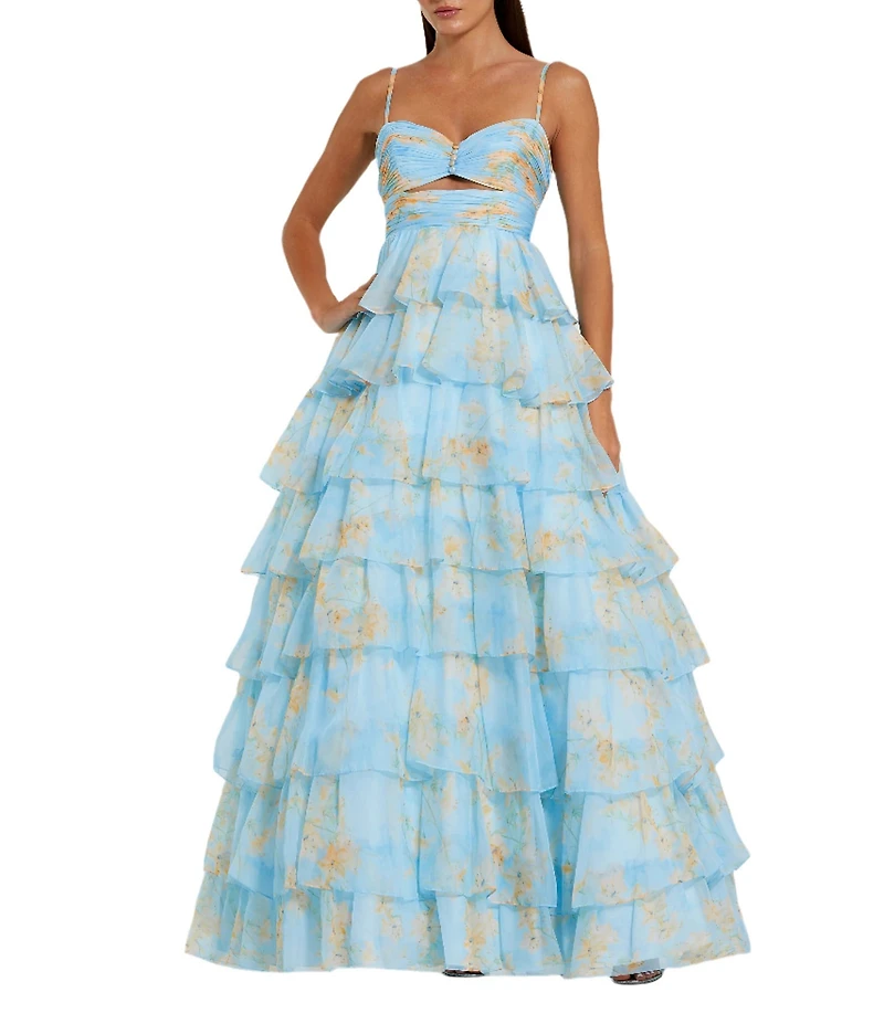 Mac Duggal Floral Print Sweetheart Neck Spaghetti Strap Sleeveless Cut Out Open Back Detail Ruffle Tiered Ball Gown