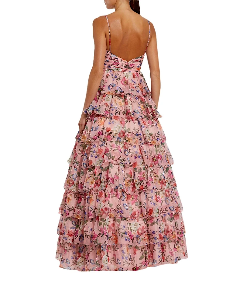 Mac Duggal Floral Print Sweetheart Neck Spaghetti Strap Sleeveless Cut Out Open Back Detail Ruffle Tiered Ball Gown