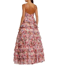 Mac Duggal Floral Print Sweetheart Neck Spaghetti Strap Sleeveless Cut Out Open Back Detail Ruffle Tiered Ball Gown