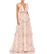 Mac Duggal Floral Print Tiered Ruffle Hem Deep V-Neck Sleeveless Embellished Waist Open Back Gown