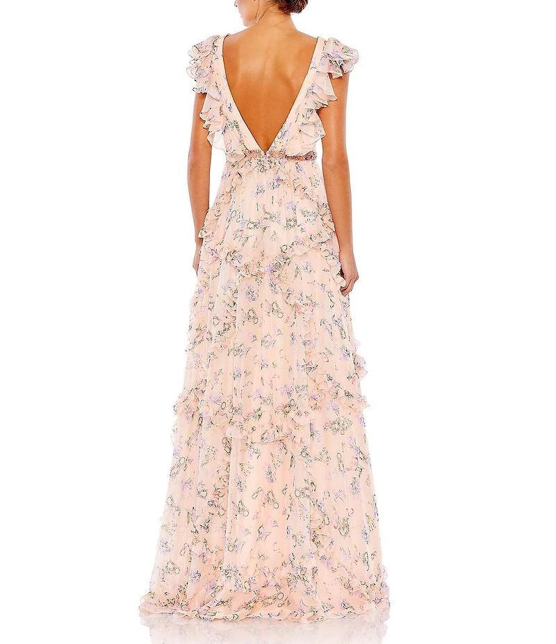 Mac Duggal Floral Print Tiered Ruffle Hem Deep V-Neck Sleeveless Embellished Waist Open Back Gown