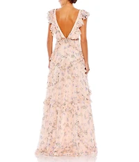 Mac Duggal Floral Print Tiered Ruffle Hem Deep V-Neck Sleeveless Embellished Waist Open Back Gown