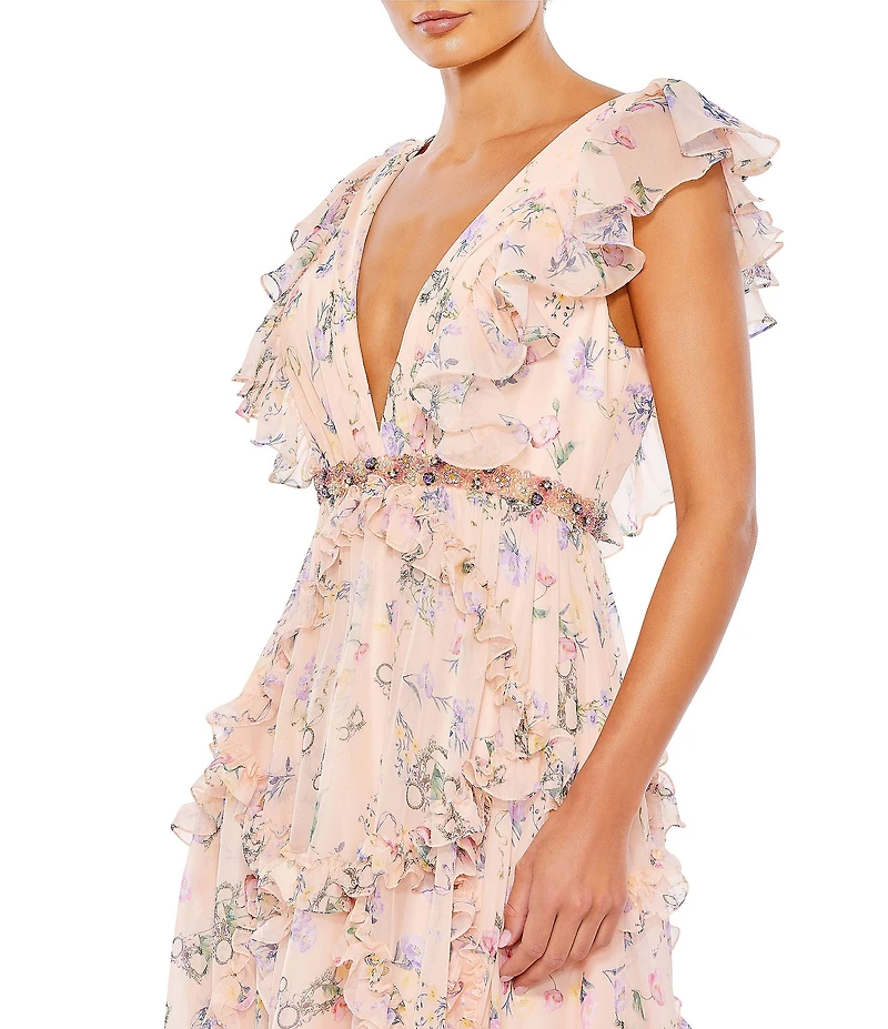 Mac Duggal Floral Print Tiered Ruffle Hem Deep V-Neck Sleeveless Embellished Waist Open Back Gown