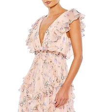Mac Duggal Floral Print Tiered Ruffle Hem Deep V-Neck Sleeveless Embellished Waist Open Back Gown