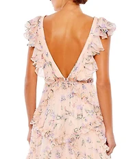 Mac Duggal Floral Print Tiered Ruffle Hem Deep V-Neck Sleeveless Embellished Waist Open Back Gown