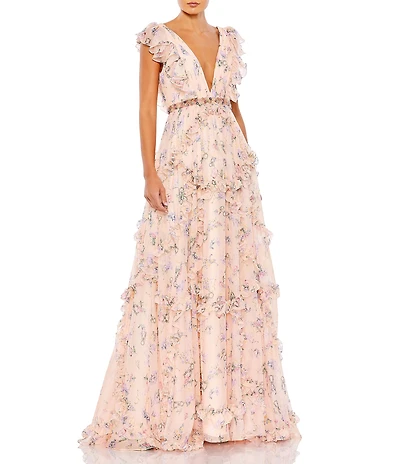 Mac Duggal Floral Print Tiered Ruffle Hem Deep V-Neck Cap Sleeve Embellished Waist Open Back Gown