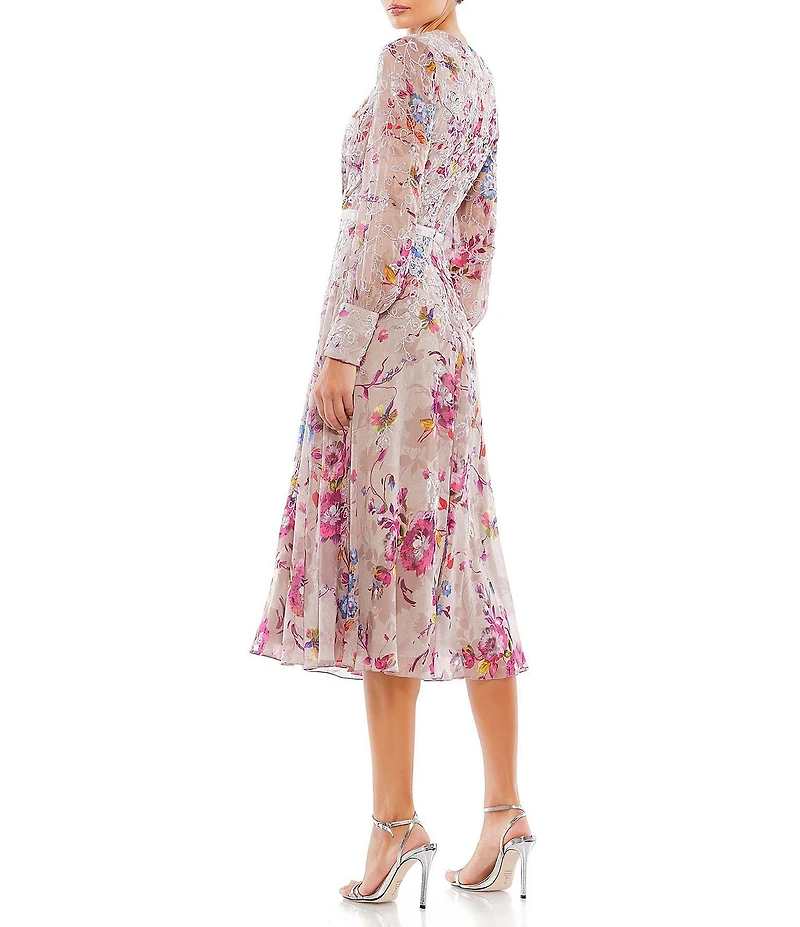 Mac Duggal Floral Print V-Neck Long Sleeve Midi Dress