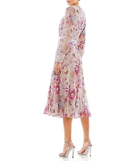 Mac Duggal Floral Print V-Neck Long Sleeve Midi Dress