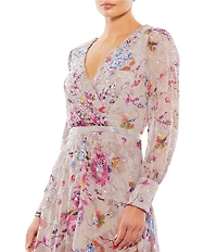 Mac Duggal Floral Print V-Neck Long Sleeve Midi Dress