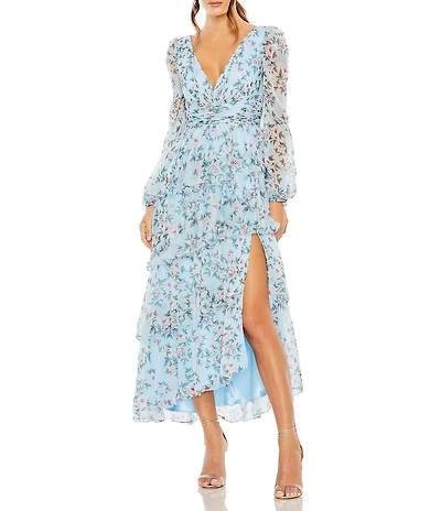 Mac Duggal Floral Print V-Neck Long Sleeve Side Slit Tiered Ruffled Midi Dress