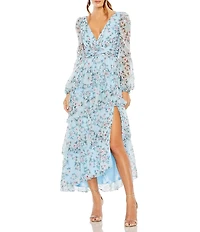 Mac Duggal Floral Print V-Neck Long Sleeve Side Slit Tiered Ruffled Midi Dress