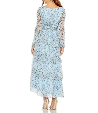Mac Duggal Floral Print V-Neck Long Sleeve Side Slit Tiered Ruffled Midi Dress
