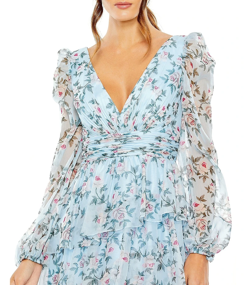 Mac Duggal Floral Print V-Neck Long Sleeve Side Slit Tiered Ruffled Midi Dress