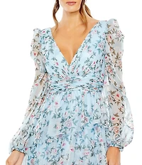 Mac Duggal Floral Print V-Neck Long Sleeve Side Slit Tiered Ruffled Midi Dress