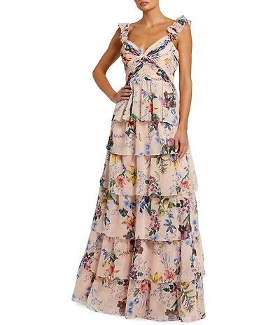 Mac Duggal Floral Print V-Neck Ruffle Sleeveless Tiered Gown