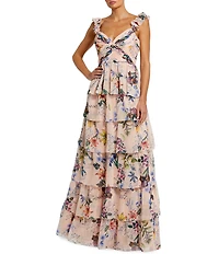 Mac Duggal Floral Print V-Neck Ruffle Sleeveless Tiered Gown