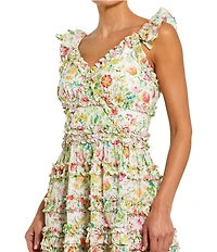 Mac Duggal Floral Print V-Neck Sleeveless Ruffle Criss Cross Detail Mini Dress