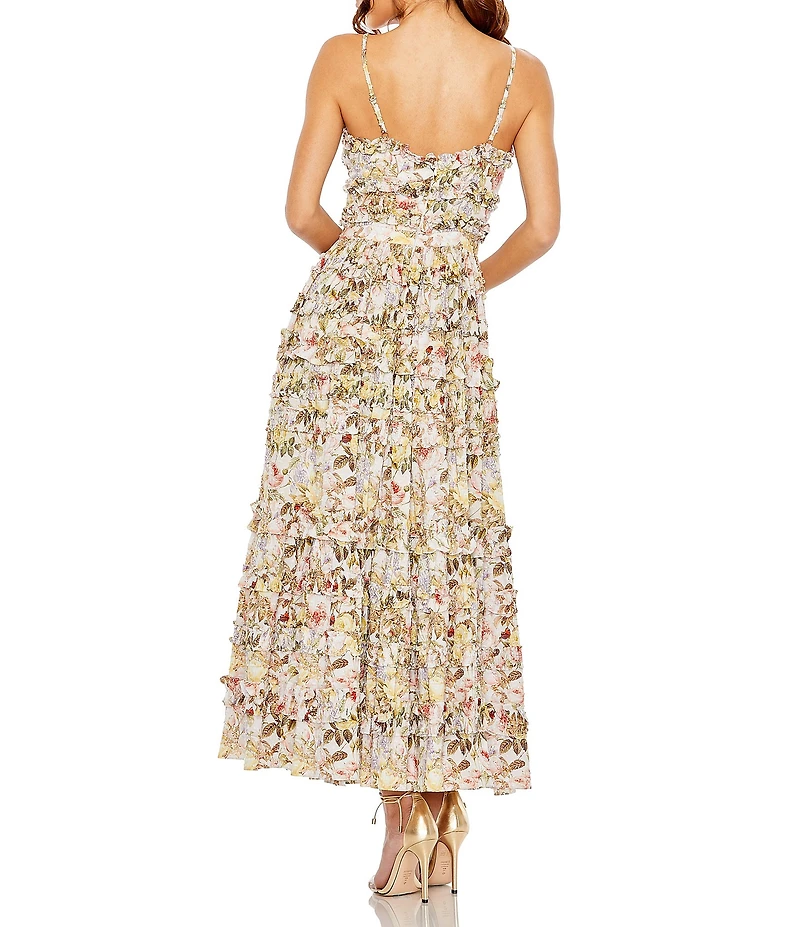 Mac Duggal Floral Print V-Neck Spaghetti Strap Ruffle Embellished A-Line Maxi Dress