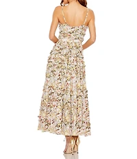 Mac Duggal Floral Print V-Neck Spaghetti Strap Ruffle Embellished A-Line Maxi Dress