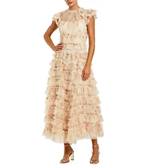 Mac Duggal Floral Printed Mesh Cap Sleeve Micro Ruffle Midi Dress