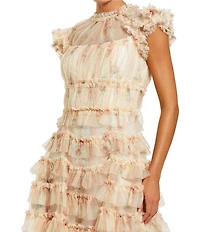 Mac Duggal Floral Printed Mesh Cap Sleeve Micro Ruffle Midi Dress