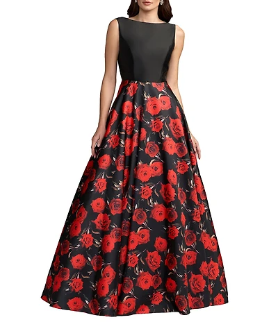 Mac Duggal Floral Printed Mikado Open Back Sleeveless Gown