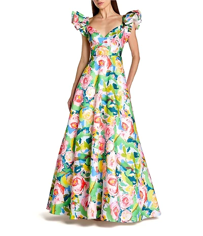 Mac Duggal Floral Printed Mikado Ruffle Sleeve V-Neck Ballgown