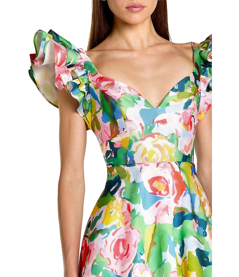 Mac Duggal Floral Printed Mikado Ruffle Sleeve V-Neck Ballgown