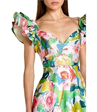 Mac Duggal Floral Printed Mikado Ruffle Sleeve V-Neck Ballgown