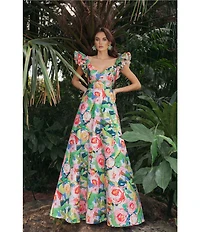 Mac Duggal Floral Printed Mikado Ruffle Sleeve V-Neck Ballgown