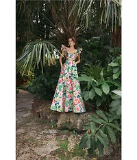 Mac Duggal Floral Printed Mikado Ruffle Sleeve V-Neck Ballgown