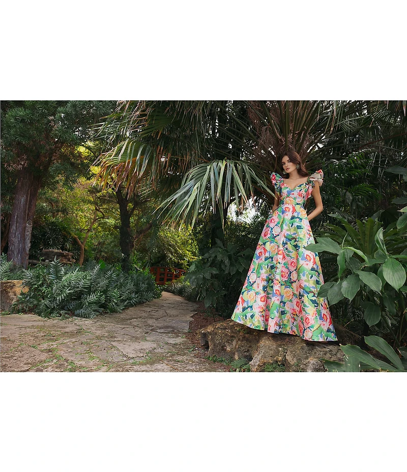 Mac Duggal Floral Printed Mikado Ruffle Sleeve V-Neck Ballgown