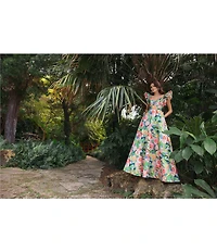 Mac Duggal Floral Printed Mikado Ruffle Sleeve V-Neck Ballgown