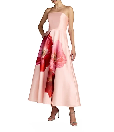 Mac Duggal Floral Printed Mikado Strapless A-Line Midi Dress