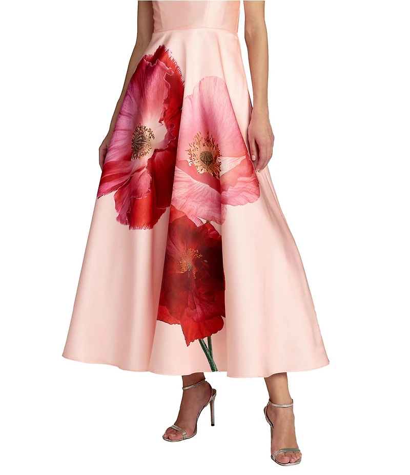 Mac Duggal Floral Printed Mikado Strapless A-Line Midi Dress