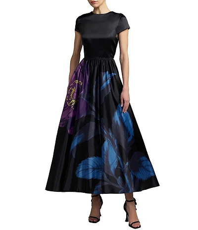 Mac Duggal Floral Printed Satin Cap Sleeve A-Line Midi Dress