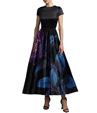 Mac Duggal Floral Printed Satin Cap Sleeve A-Line Midi Dress